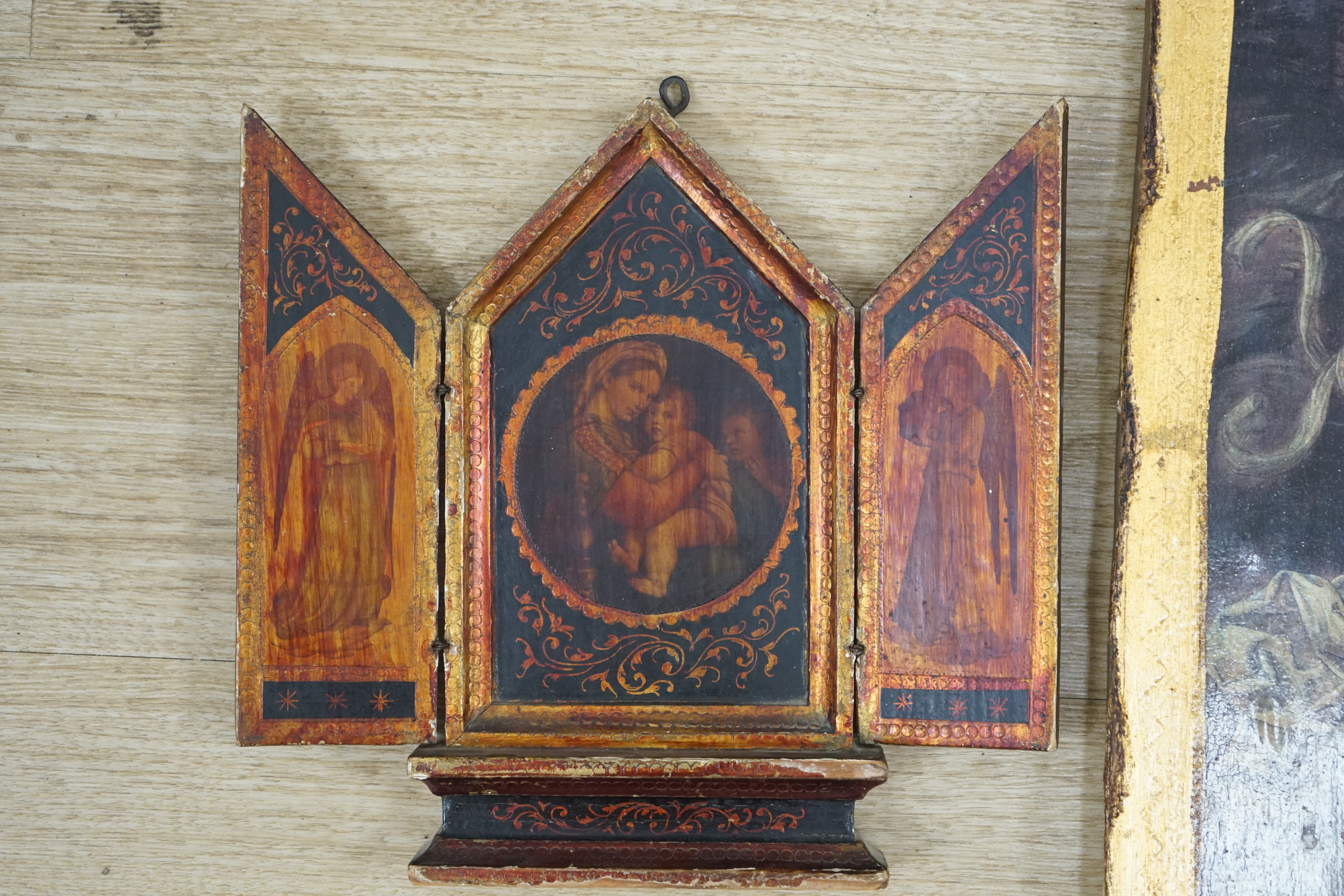 After Melozzo da Forli (Italian, 1438-1494), colour print on wood panel, 'Angelo', unframed, together with a printed triptych icon. Condition - poor to fair